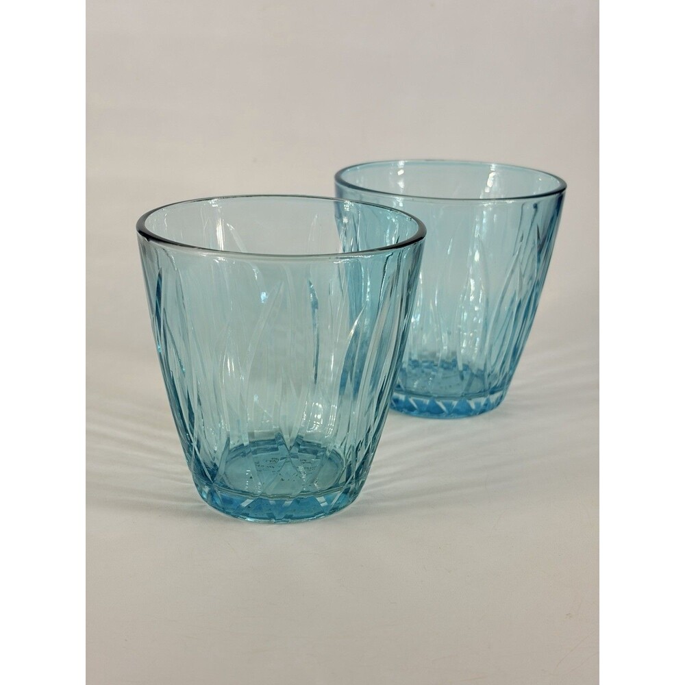 Pottery Barn Blue Swirl Double Old Fashioned Short Tumblers Flashed cut Glass
